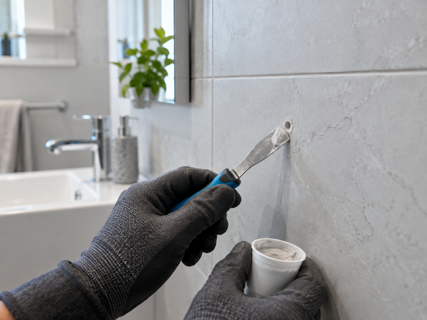 Voorbeeld van cosmetisch herstel van een boorgat in een tegel